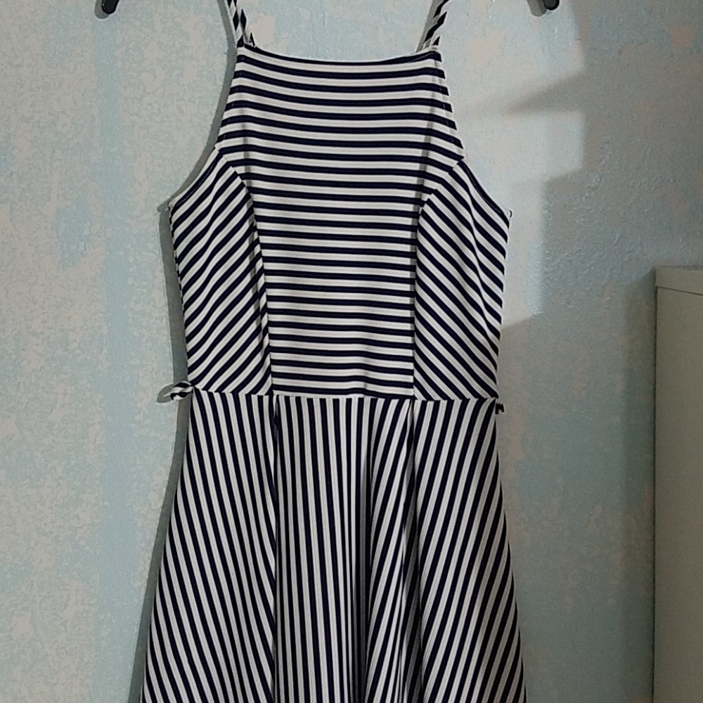 Dark blue and white striped halter top mini dress